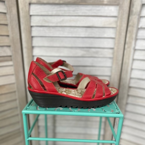 Fly London Shoes - Red Leather Fly London Ankle Strap Sandals Size 37